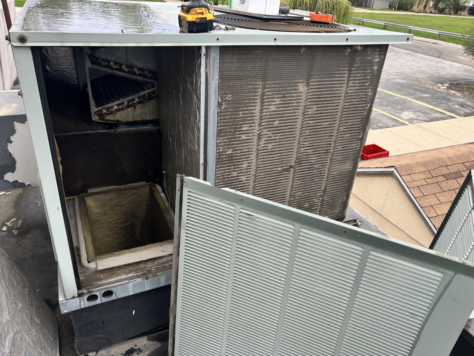 Commercial rooftop unit prepared for maintenance